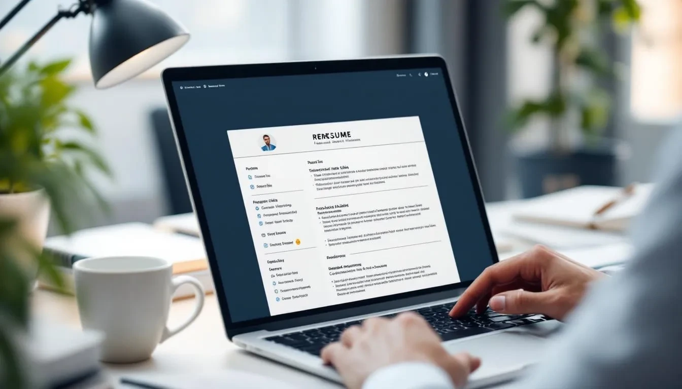 A professional is focused on designing a resume using industry-specific elements, surrounded by various resume templates and examples. The workspace features tools for creating a job-winning resume tailored to job seekers, including a free resume builder and professional templates that highlight relevant skills and experiences.